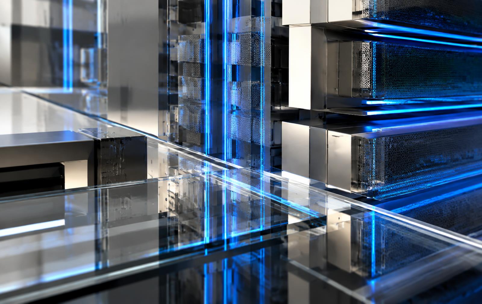 Abstract modular computing infrastructure illuminated by electric blue pathways