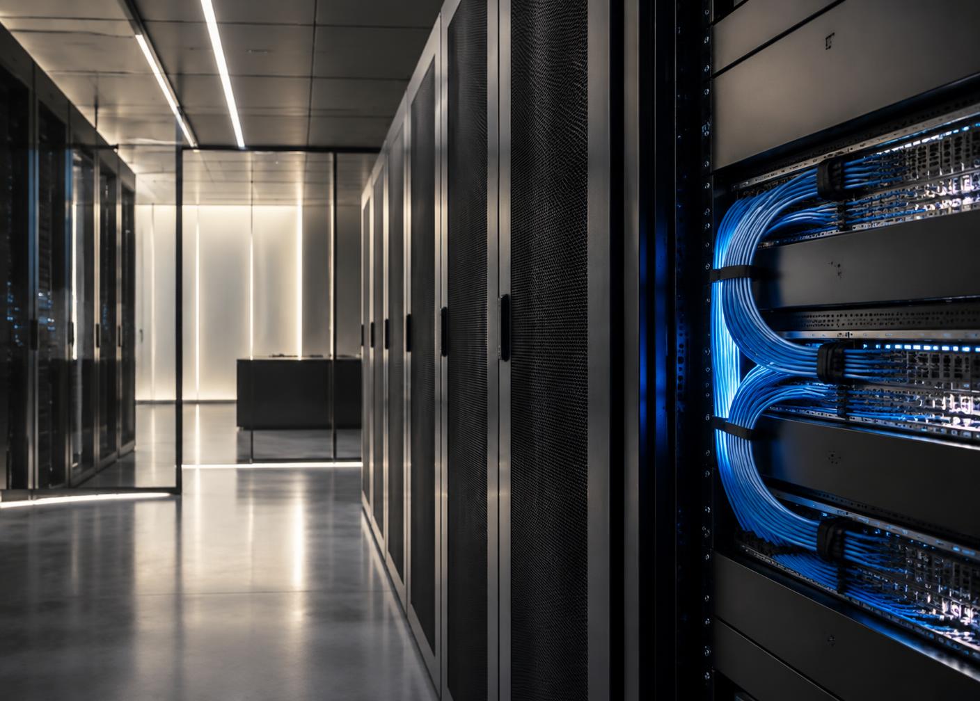 Graphite server infrastructure with organized electric blue network cabling