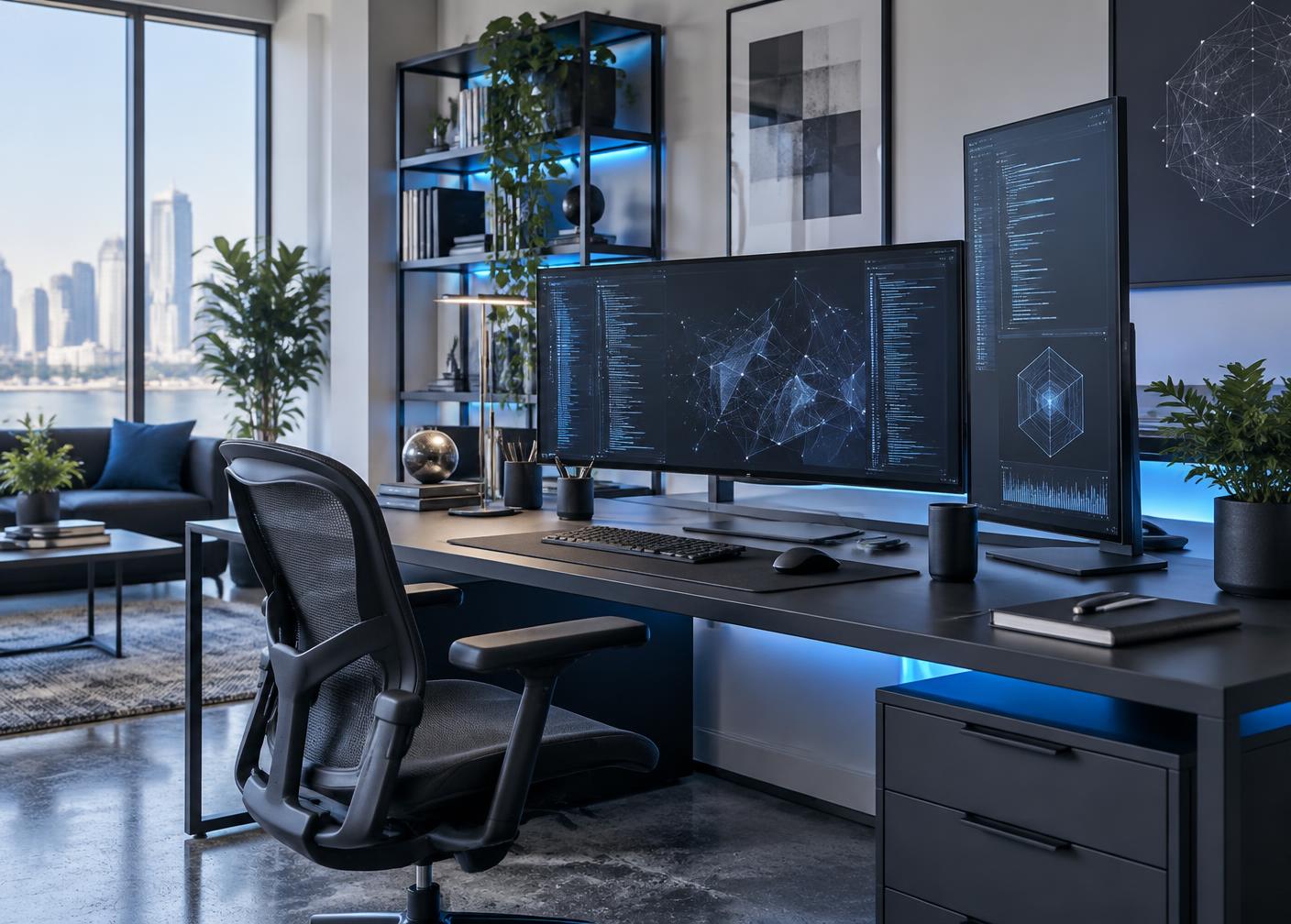 Unoccupied modern software engineering workspace with abstract technical displays
